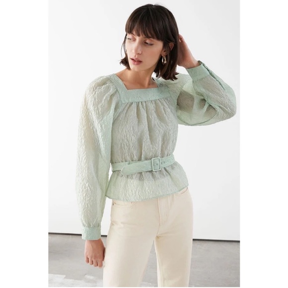 & Other Stories Tops - Other Stories (NWT) | mint green jacquard puff sleeve square neck belted